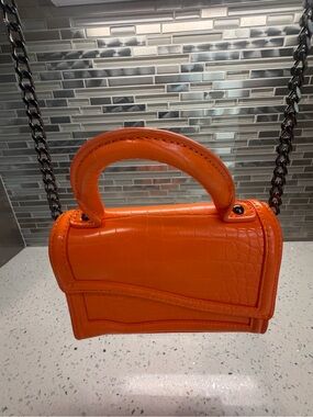 ZARA Orange Croc Embossed Asymmetrical Mini Top Handle Crossbody Bag